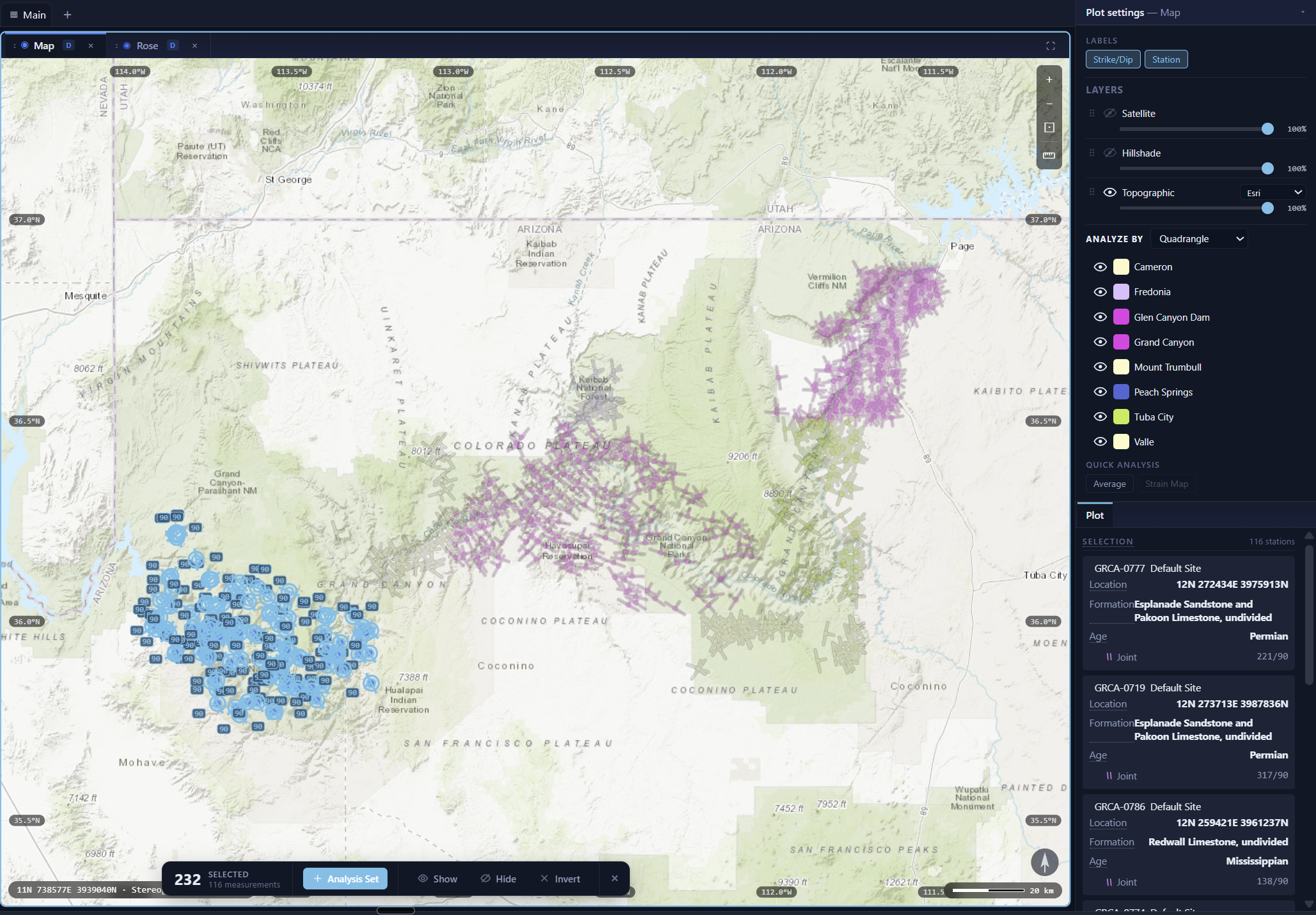 Map with a lassoed cluster of joint stations highlighted in blue, the rest greyed out, and a selection bar offering to turn the selection into an analysis set